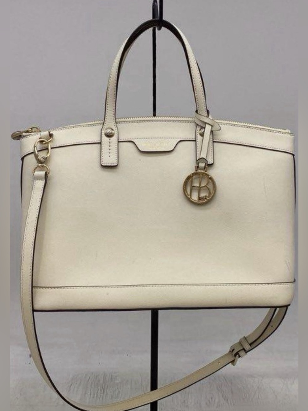 Henri Bendel West 57th Large Ivory Saffiano Leather Satchel Crossbody With Strap